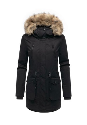 Black parka jacket with a faux fur-lined hood, zippered chest pockets, drawstring waist, and buttoned side pockets. Smooth fabric texture.