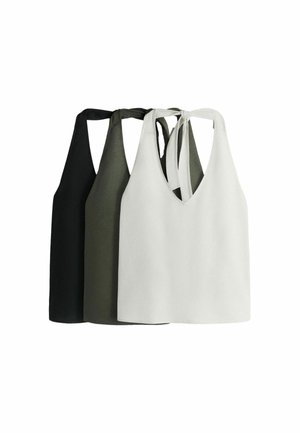 Three sleeveless halter tops in black, dark green, and white, with tie closures at the neck, arranged side by side on a white background.