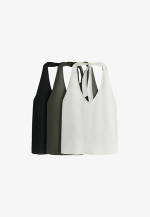 Three sleeveless halter tops in black, dark green, and white, with tie closures at the neck, arranged side by side on a white background.
