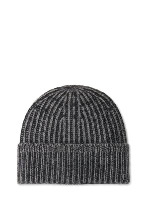 Knit beanie hat in dark gray with light gray stripes. Features a ribbed texture and folded brim with a small brand logo on the side.