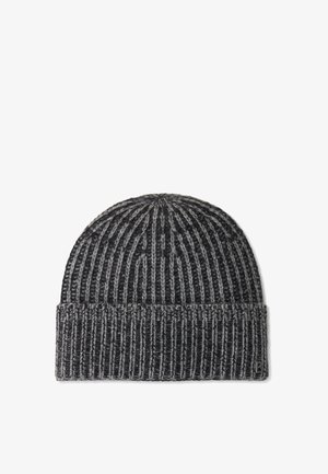 Pletená čepice v tmavě šedé barvě se světle šedými pruhy. Má ribovaný textur a ohrnutý lem s malým logem značky po boku.