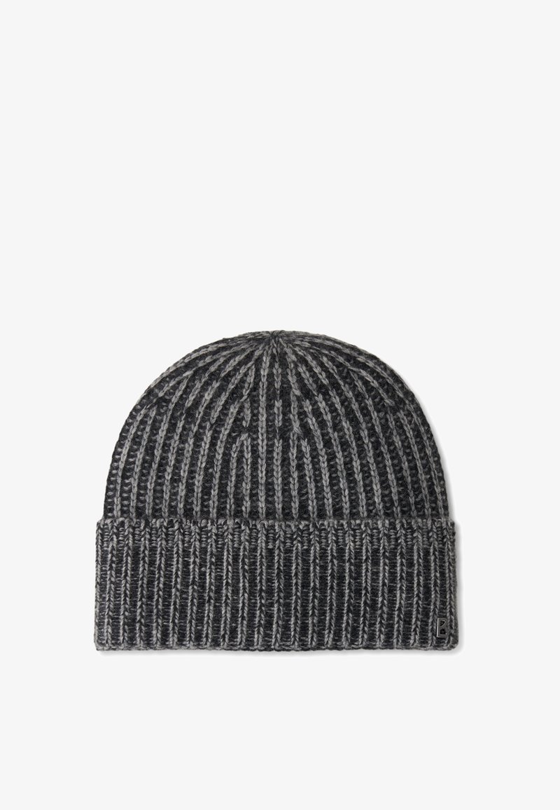 Bonnet en tricot de couleur gris foncé avec des rayures gris clair. Présente une texture côtelée et un revers avec un petit logo de la marque sur le côté.