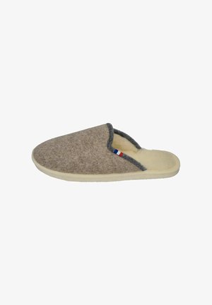 Brown felt slipper with a gray trim, cushioned beige interior, and white rubber sole. Features a small blue, white, and red tag accent.