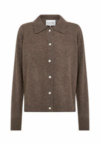 Brun ullkofta med skjortkrage, sju knappar fram och långa ärmar. Mjuk textur med ett subtilt mönster.