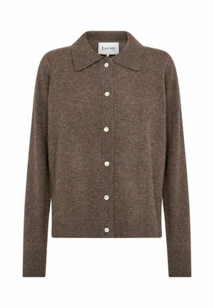 Cardigan in lana marrone con colletto a camicia, fronte con sette bottoni e maniche lunghe. Texture morbida con un motivo sottile.