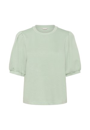 Mint green short-sleeve top with puffed sleeves, round neckline, and smooth texture. Simple design, made from lightweight fabric.
