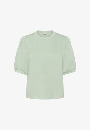 Mint green short-sleeve top with puffed sleeves, round neckline, and smooth texture. Simple design, made from lightweight fabric.