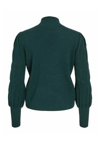 Pullover lavorato a maglia verde scuro con colletto alto, maniche a sbuffo e motivo a trecce sulle maniche. Texture liscia con polsini a coste.