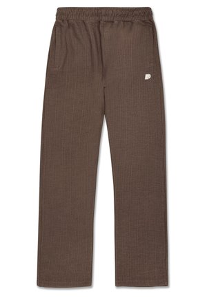 Brown, textured pants with an elastic waistband, two side pockets, and a small logo accent on the left leg. Straight-leg design.