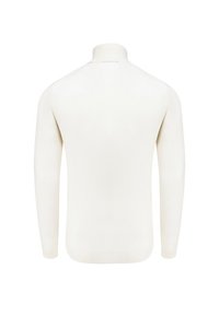 Biała sweter z golfem, długimi rękawami, prążkowaną teksturą oraz dopasowanym krojem. Posiada wysoki kołnierz i elastyczny dół.