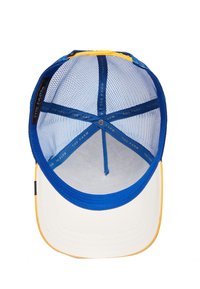 Trucker cap with a blue mesh back, white front panel, and yellow accents. Features an interior label and a structured bill.