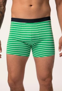 Zelené pruhované trenky s námořnickým pasem, vyrobené z měkké tkaniny. Mají vodorovné bílé pruhy a přiléhavý design.