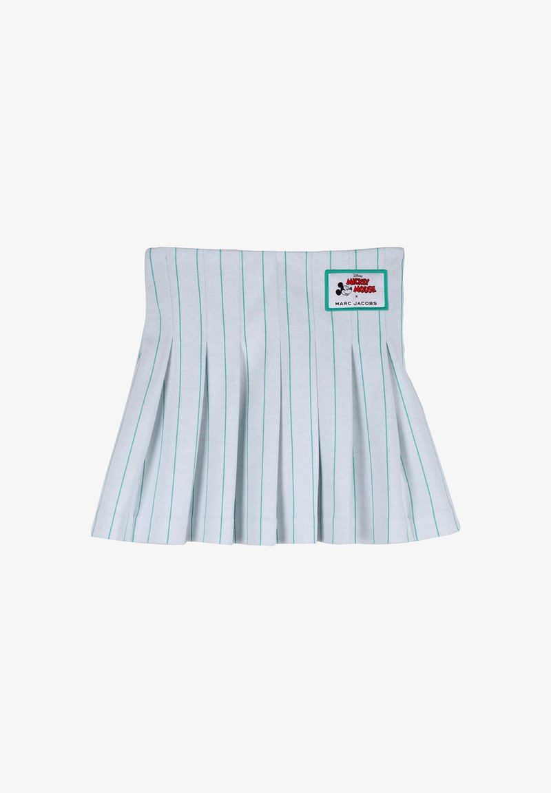 Gonna bianca plissettata con sottili righe verticali verdi e una toppa con la scritta "Disney Mickey Mouse x Marc Jacobs" in vita.