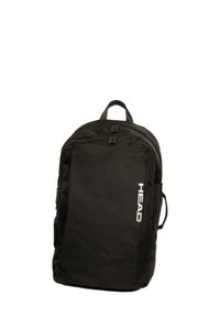 Sac à dos noir en tissu texturé, avec deux compartiments zippés, une poignée supérieure et un logo blanc à l'avant.