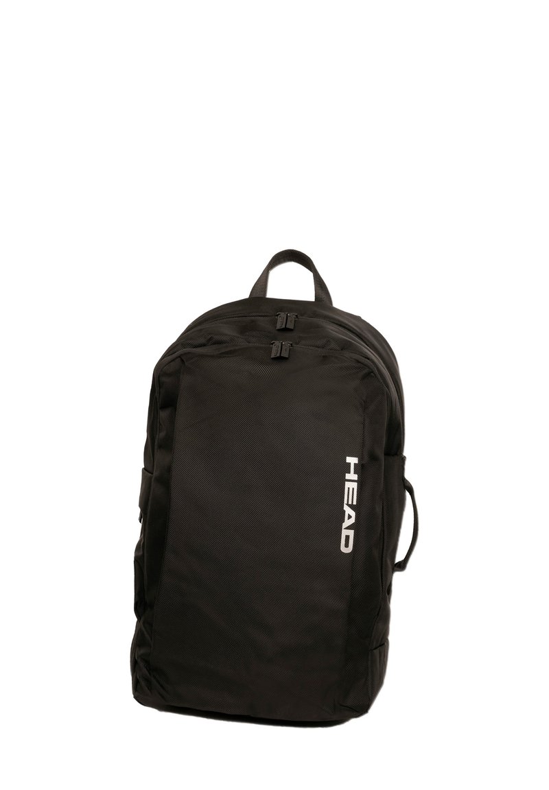 Sac à dos noir en tissu texturé, avec deux compartiments zippés, une poignée supérieure et un logo blanc à l'avant.