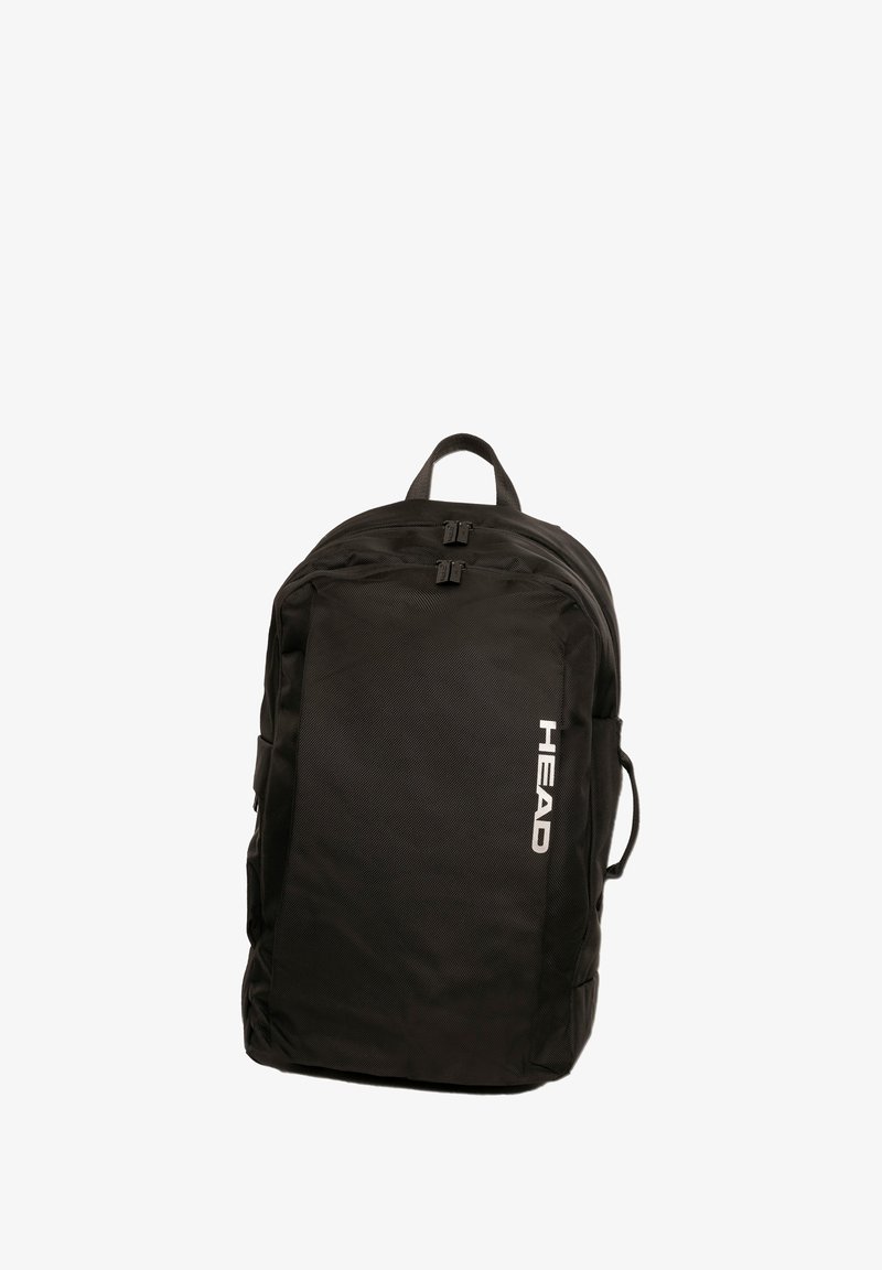 Sac à dos noir en tissu texturé, avec deux compartiments zippés, une poignée supérieure et un logo blanc à l'avant.