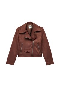 Brun faux suede cropped jakke med en indsnittet krave, asymmetrisk lynlåslukning og to lynlåslommer i siden. Glat tekstur med minimalistisk design.