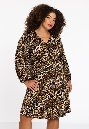 Leopardenmuster-Kleid mit V-Ausschnitt, langen Puffärmeln und komfortablem Sitz. Hergestellt aus weichem Stoff mit einem strukturierten Muster in erdigen Tönen.