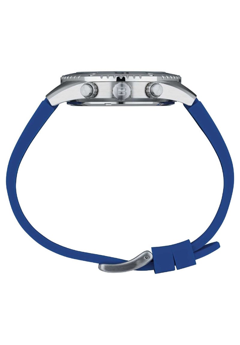 Orologio in acciaio inox argento con cinturino in gomma blu. Presenta due pulsanti laterali, una lunetta testurizzata e una chiusura sicura in argento.