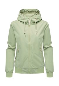 Jasnozielona kurtka zapinana na zamek z kapturem, z przednimi kieszeniami i prążkowanymi mankietami. Wykonana z gładkiego materiału z regulowanymi sznurkami w kapturze.