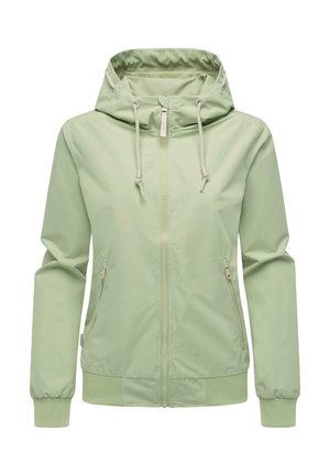 Giacca verde chiaro con zip e cappuccio, tasche frontali e polsini a coste. Realizzata in materiale morbido con coulisse regolabile sul cappuccio.
