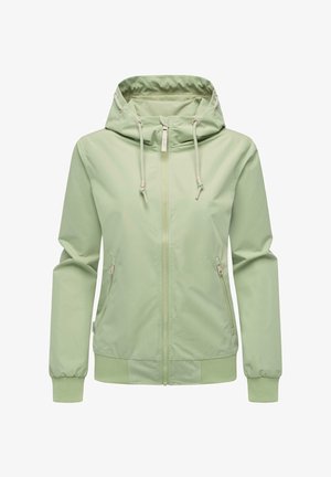 Helle grüne Zip-Jacke mit Kapuze, Fronttaschen und gerippten Bündchen. Hergestellt aus einem glatten Material mit verstellbaren Kordeln an der Kapuze.