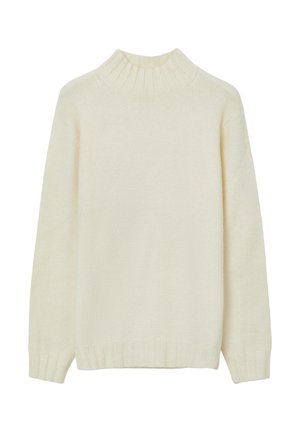 Maglione lavorato a maglia color crema con colletto alto a costine, maniche lunghe e orlo a costine. Texture morbida e vestibilità rilassata.