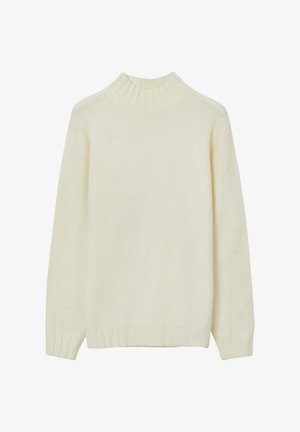 Pull en tricot crème avec un col haut à côtes, des manches longues et un ourlet à côtes. Texture douce et coupe décontractée.