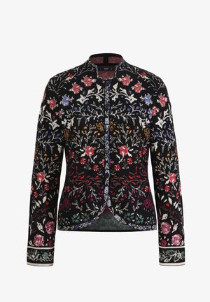 Sort cardigan med blomsterbroderi i rød, blå og hvid. Har lange ærmer, rund halsudskæring og knaplukning.