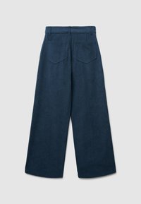 Dunkelblaue, weit geschnittene Samt-Hosen mit Gesäßtaschen und Gürtelschlaufen, flach auf einem hellen Hintergrund präsentiert.