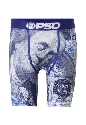 Calzoncillos bóxer para hombre con una cintura azul y un estampado detallado de un billete de cien dólares estadounidenses con el retrato de Benjamin Franklin.