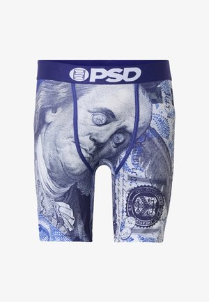 Calzoncillos bóxer para hombre con una cintura azul y un estampado detallado de un billete de cien dólares estadounidenses con el retrato de Benjamin Franklin.