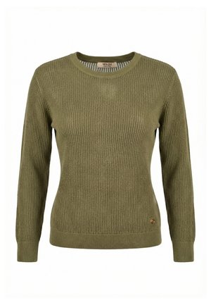 Maglione verde oliva a maniche lunghe in maglia, con scollo rotondo e polsini e orlo a coste, con piccolo logo del marchio sul lato inferiore.