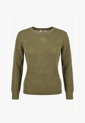 Pull en tricot vert olive à manches longues, col rond, poignets et ourlet côtelés, avec petit logo de la marque sur le côté inférieur.