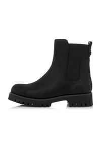 Botines de ante negros con suela de goma, paneles laterales elásticos y textura suave. Cuentan con una lengüeta en la parte trasera para facilitar su uso.