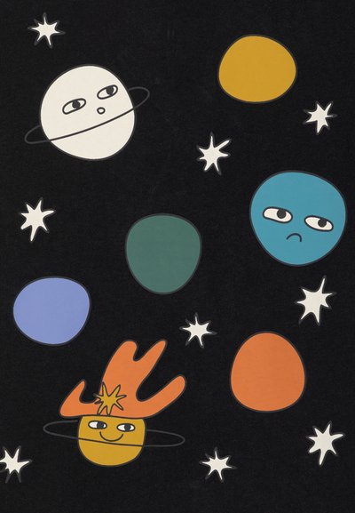 Barviti risani planeti v različnih odtenkih (bela, oranžna, zelena, modra, rumena) na črnem ozadju s belimi zvezdami.