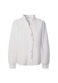 Blusa bianca con maniche lunghe, colletto alla francese con ruches e bordi arricciati sul davanti, dotata di polsini con bottoni.