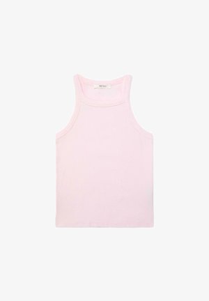 Jasnoróżowy prążkowany bezrękawnik z wysokim dekoltem, prostym dołem i dopasowanym krojem.