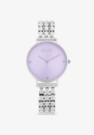 Zilveren polshorloge met een lila wijzerplaat, voorzien van drie minimalistische wijzers en stipmarkers, gecombineerd met een geschakelde metalen armband.