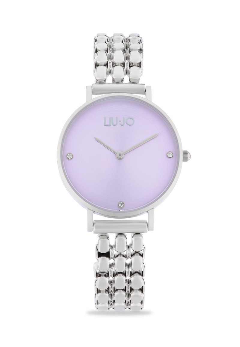 Orologio da polso argento con quadrante lilla, dotato di tre lancette minimaliste e indicatori a punto, abbinato a un bracciale in metallo a link.