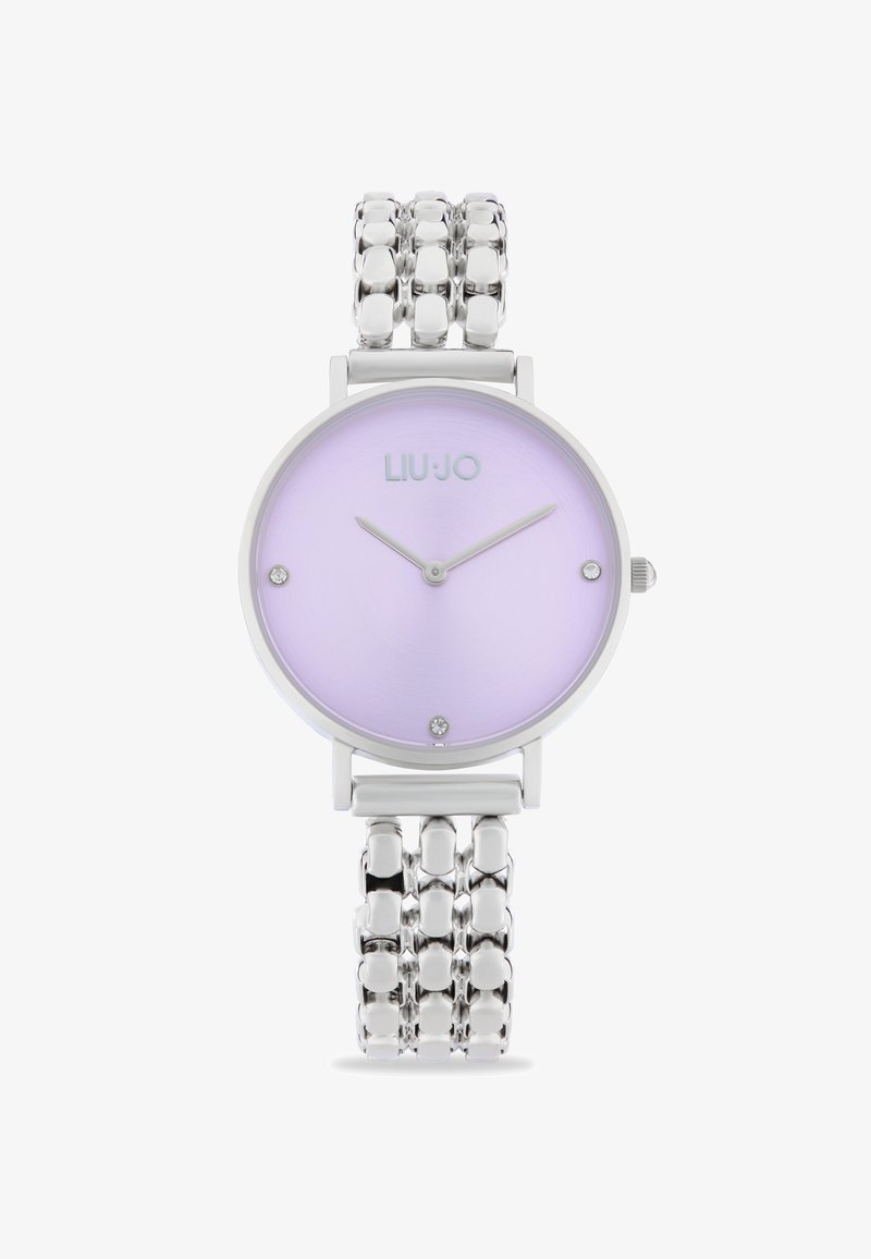 Orologio da polso argento con quadrante lilla, dotato di tre lancette minimaliste e indicatori a punto, abbinato a un bracciale in metallo a link.