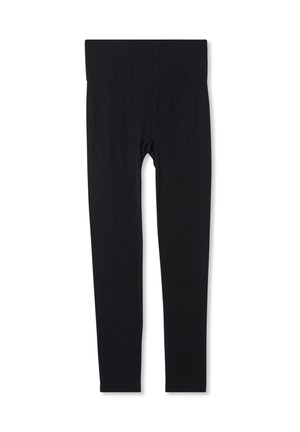 Leggings neri con un ampio cinturino senza cuciture, realizzati in tessuto elasticizzato. Presentano una superficie liscia e un design aderente, che arriva a metà polpaccio.
