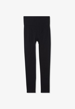 Leggings neri con un ampio cinturino senza cuciture, realizzati in tessuto elasticizzato. Presentano una superficie liscia e un design aderente, che arriva a metà polpaccio.