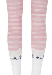 Helle rosa gestreifte Strumpfhosen mit einem weißen Tiergesicht-Design an den Füßen, das schwarze Augen und Schnurrhaare zeigt, aus weichem Stoffmaterial.