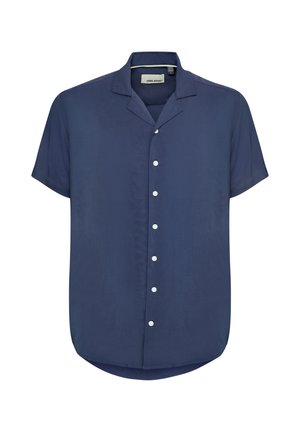 Tumesinine lühikeste varrukatega särk kerge materjali ja mugava lõikega, millel on laagri krae ja kuus valget nööpi ees.