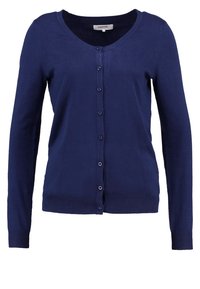 Chaleco de punto azul marino, de mangas largas, con cuello en V, botones en la parte delantera, dobladillo y puños acanalados, fabricado en una suave tela de punto. Diseño simple y clásico.