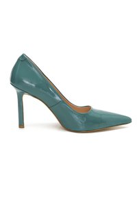 Türkise Lackleder-High-Heel-Pumps mit spitzer Zehenform und schlankem Design. Verfügt über einen dünnen Absatz und eine glatte, glänzende Oberfläche.