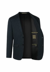 Donkerblauwe geblokte blazer met een enkelvoudig ontwerp, twee knopen en gelapte revers. De gevoerde binnenkant heeft een zak met een merketiket.