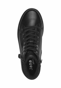 Black leather high-top shoe with textured finish, featuring laces and a side zipper. Inside shows brand labeling and padded collar.