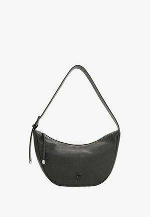 Dunkelgraue Leder-Umhängetasche mit einer geschwungenen Form, Reißverschluss und verstellbarem Träger. Auf der Vorderseite befindet sich ein dezentes Logo.